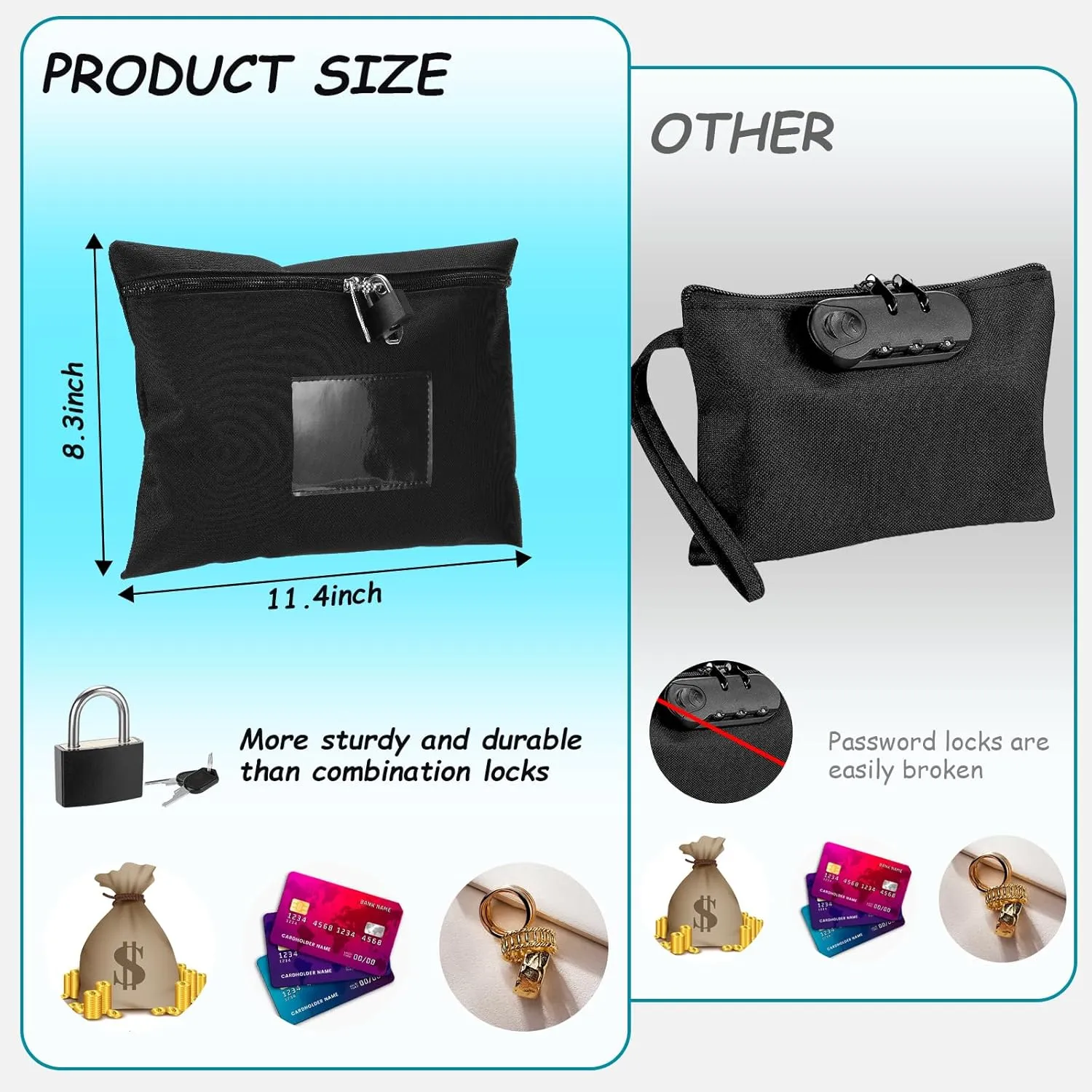 Cash Bag with Lock and 2 Keys Money Bag For Cash With Lock 11.4 * 8.3inch Money Bank Deposit Bag Money Bank Deposit Bag With Zipper Canvas Documents Bag For Bank Deposits Business Personal (Black)