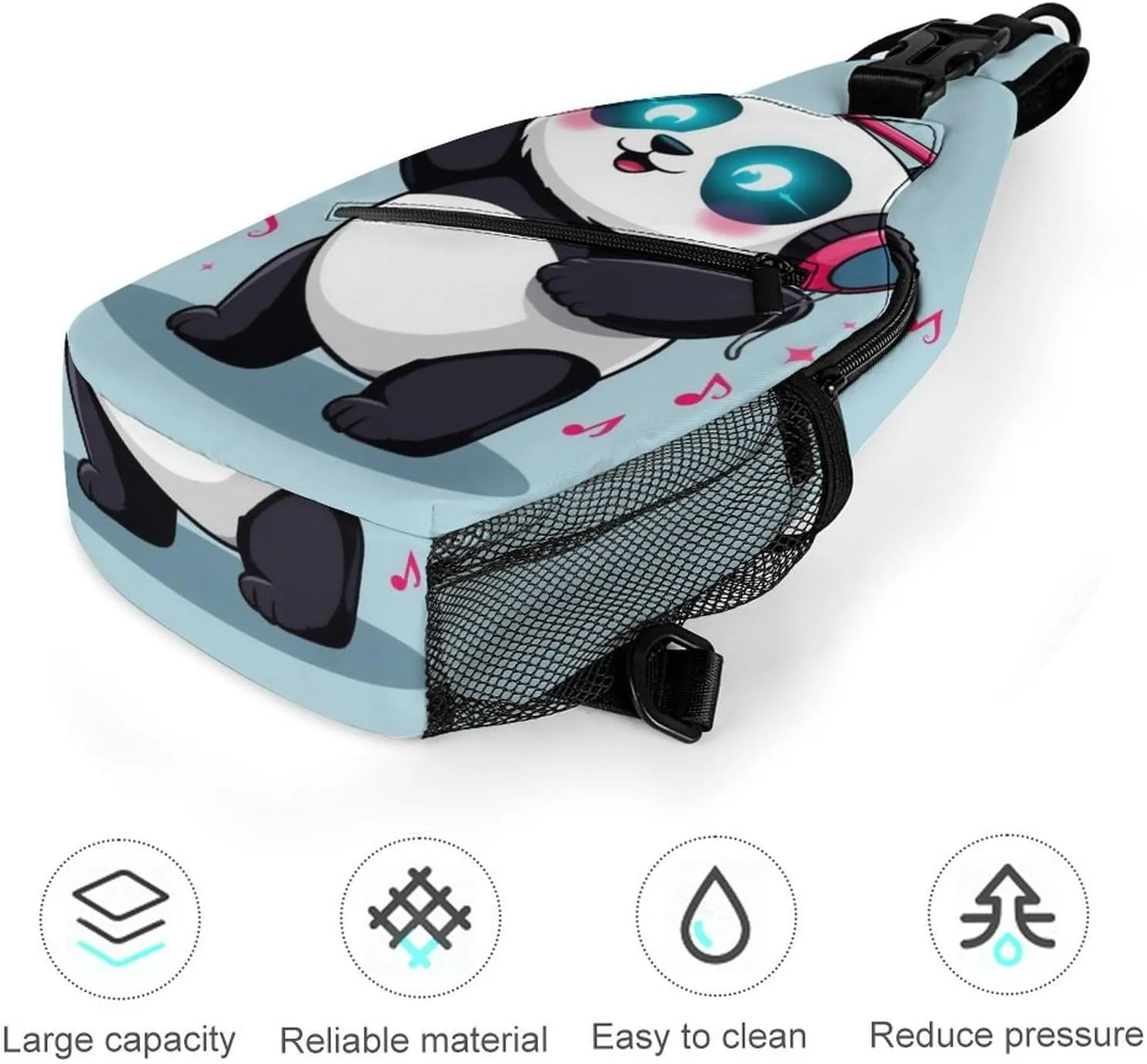 Casual Sling Bag for Men Women, Large Capacity Crossbody Bag Black And White Panda Animal Headphones Music Cute Panda Gym Shoulder Bag Travel Daypacks with Adjustable Strap
