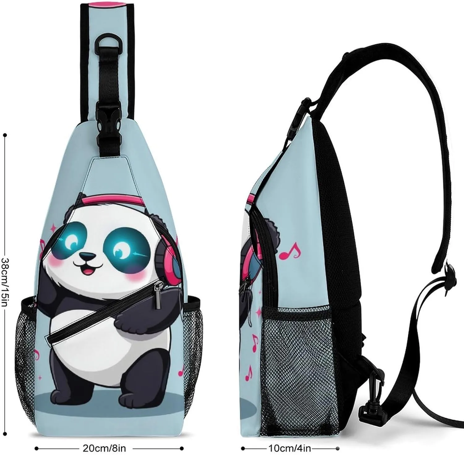 Casual Sling Bag for Men Women, Large Capacity Crossbody Bag Black And White Panda Animal Headphones Music Cute Panda Gym Shoulder Bag Travel Daypacks with Adjustable Strap