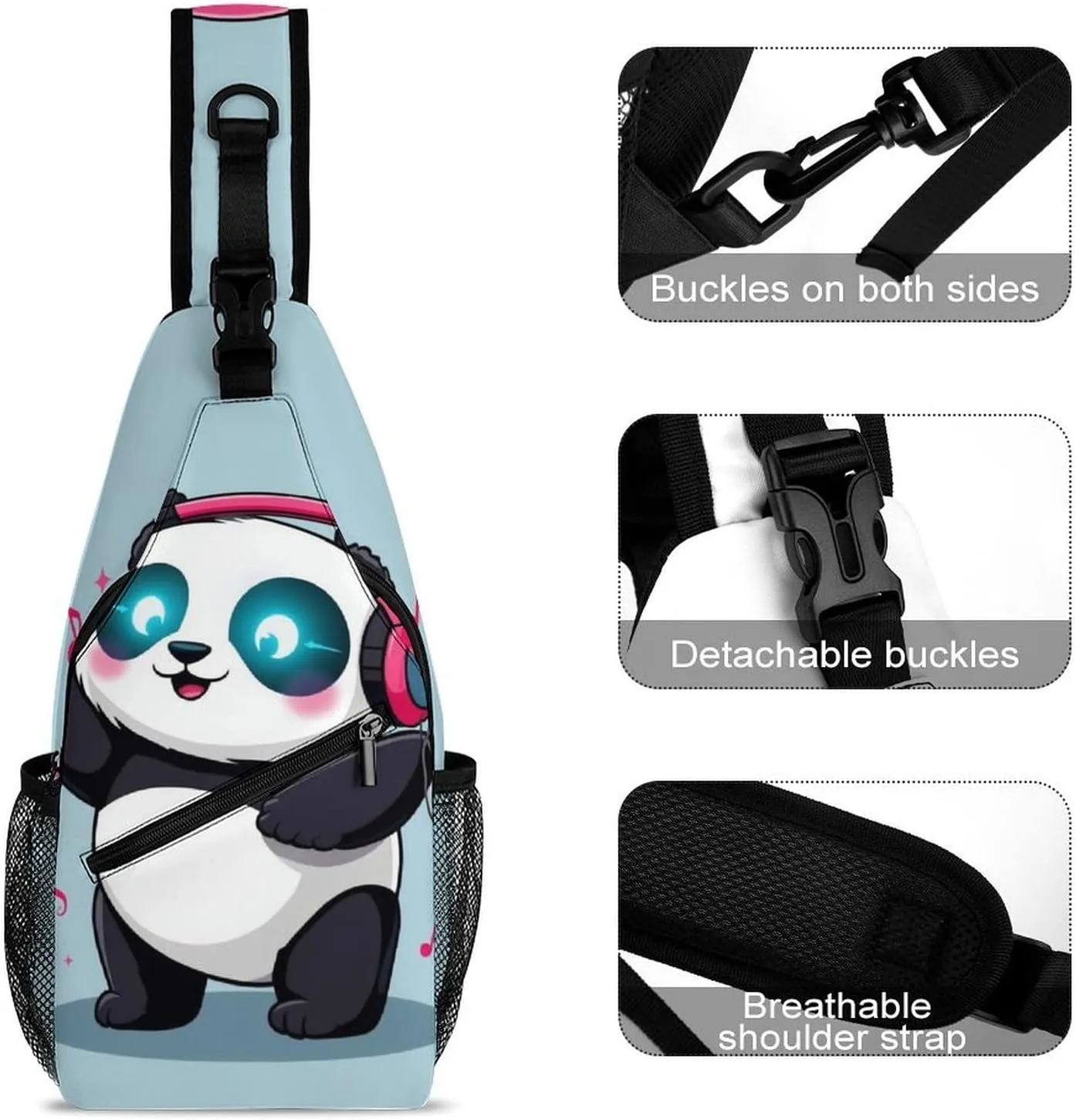 Casual Sling Bag for Men Women, Large Capacity Crossbody Bag Black And White Panda Animal Headphones Music Cute Panda Gym Shoulder Bag Travel Daypacks with Adjustable Strap