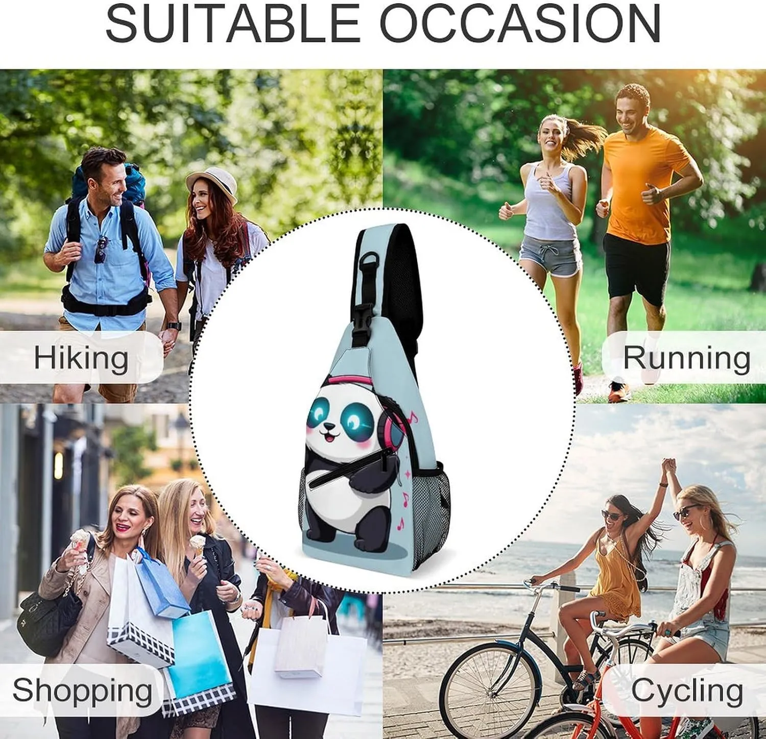 Casual Sling Bag for Men Women, Large Capacity Crossbody Bag Black And White Panda Animal Headphones Music Cute Panda Gym Shoulder Bag Travel Daypacks with Adjustable Strap