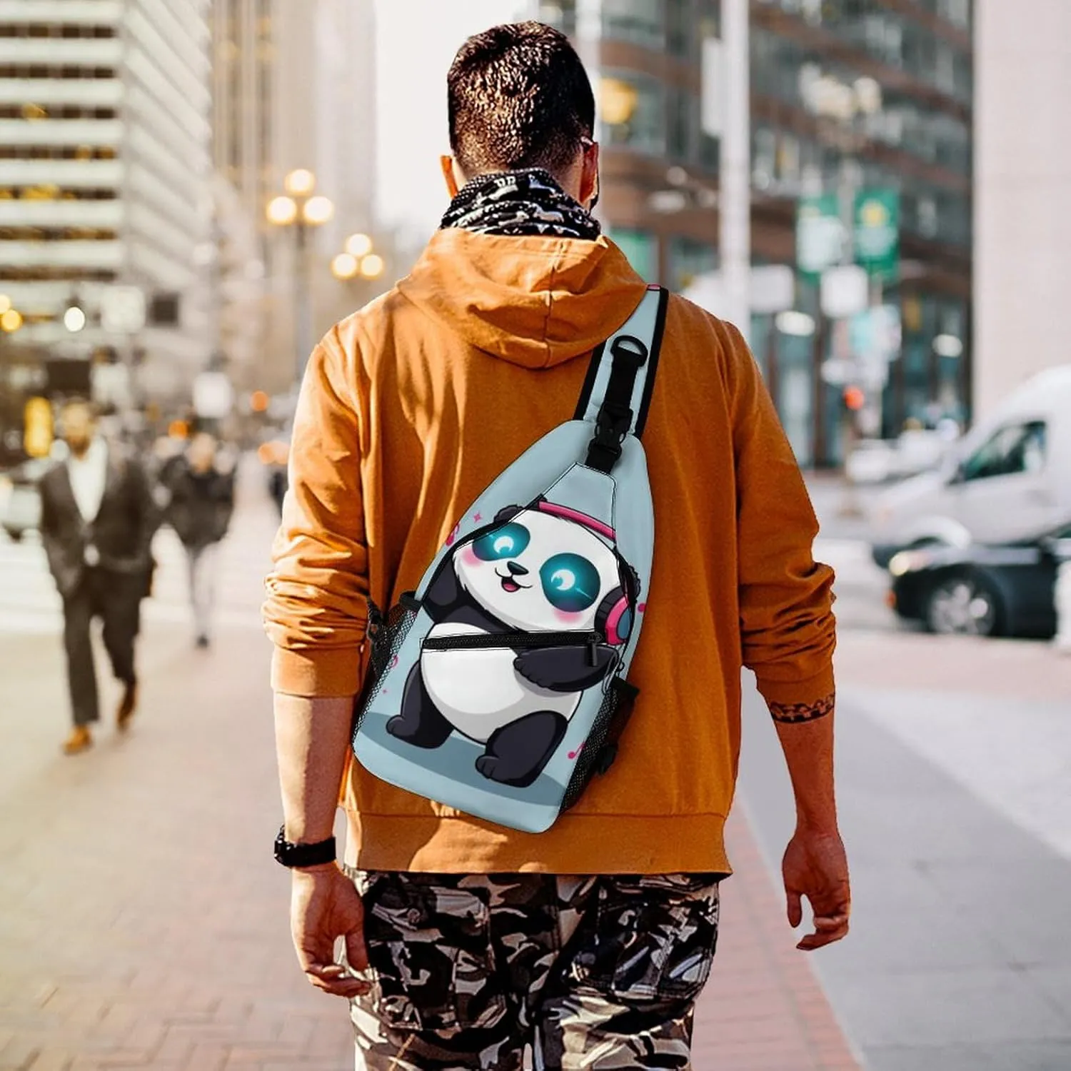 Casual Sling Bag for Men Women, Large Capacity Crossbody Bag Black And White Panda Animal Headphones Music Cute Panda Gym Shoulder Bag Travel Daypacks with Adjustable Strap