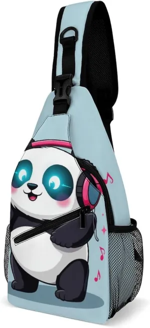 Casual Sling Bag for Men Women, Large Capacity Crossbody Bag Black And White Panda Animal Headphones Music Cute Panda Gym Shoulder Bag Travel Daypacks with Adjustable Strap
