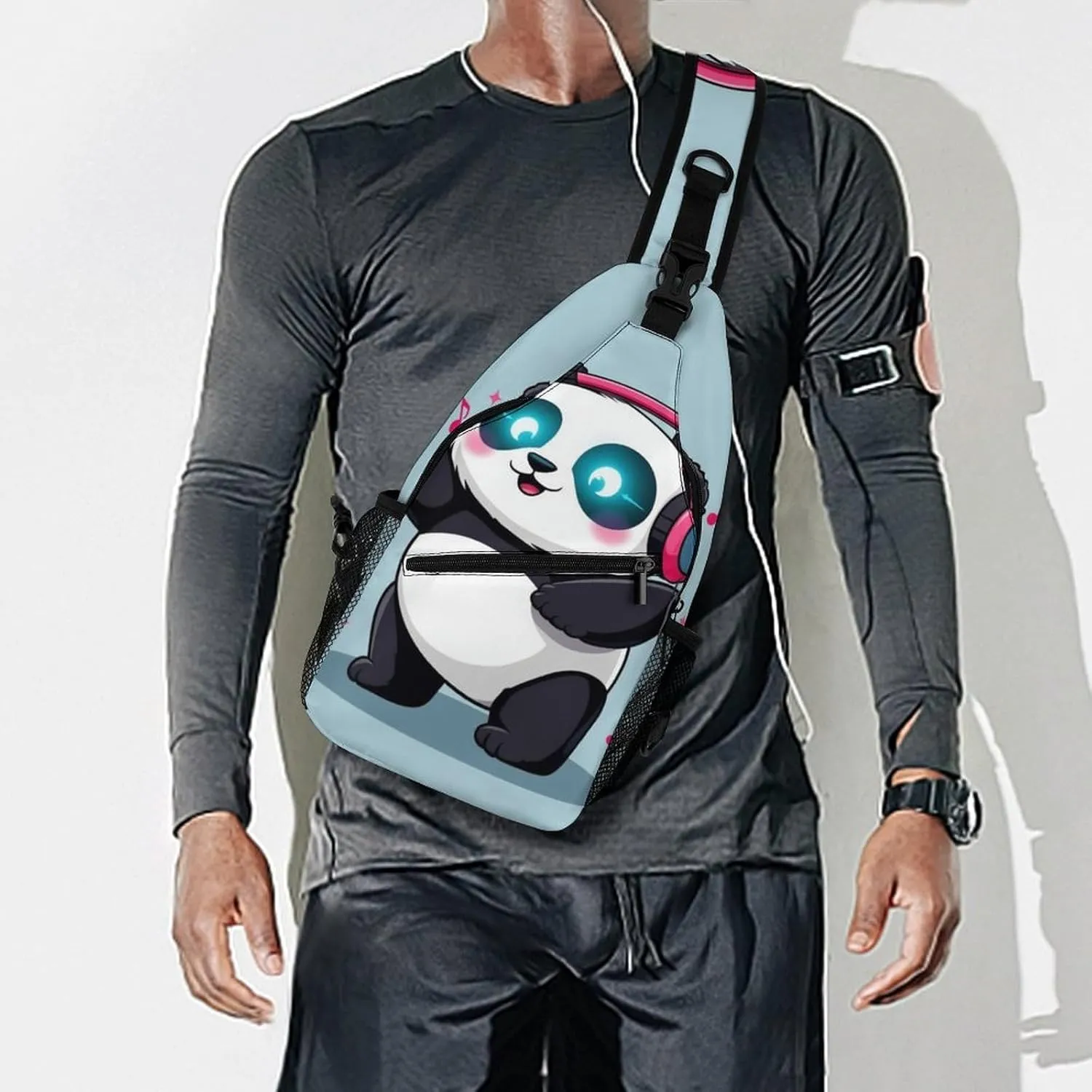 Casual Sling Bag for Men Women, Large Capacity Crossbody Bag Black And White Panda Animal Headphones Music Cute Panda Gym Shoulder Bag Travel Daypacks with Adjustable Strap