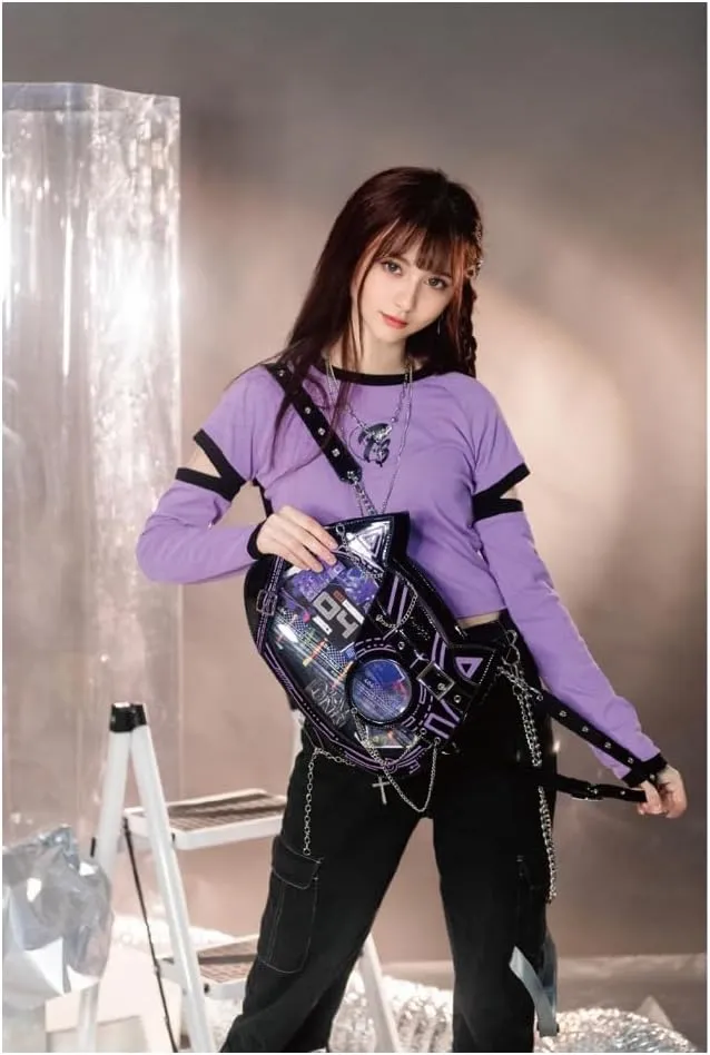 Cat Ita Bag Pin Display Backpack Cyberpunk Purse Luminous Single Shoulder Crossbody Reflection Handbag (Black purple(luminous))