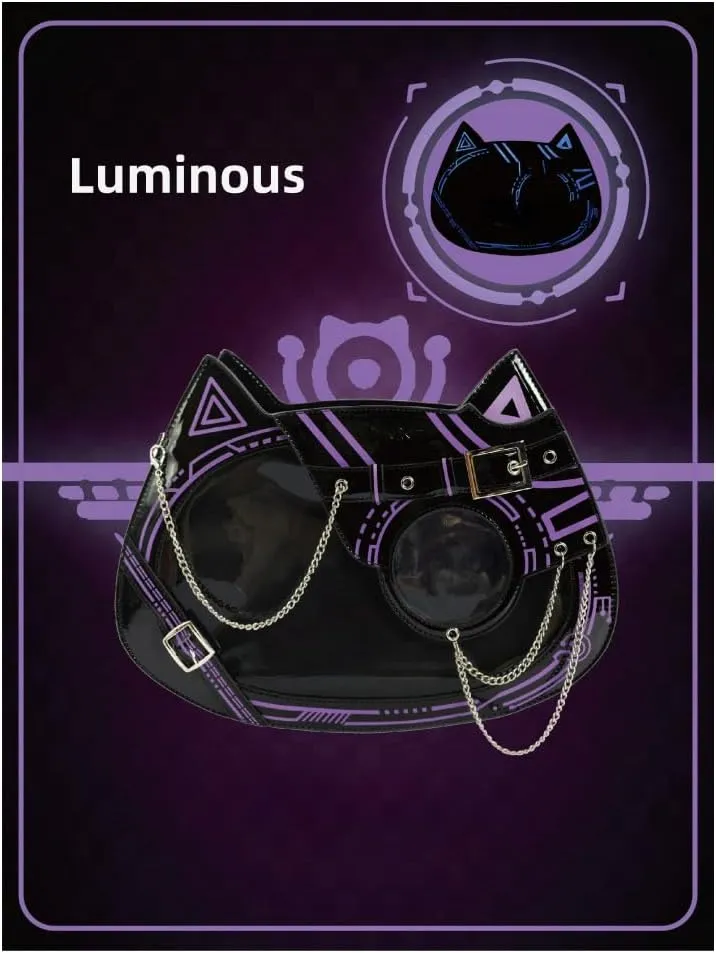Cat Ita Bag Pin Display Backpack Cyberpunk Purse Luminous Single Shoulder Crossbody Reflection Handbag (Black purple(luminous))