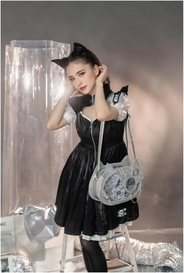 Cat Ita Bag Pin Display Backpack Cyberpunk Purse Luminous Single Shoulder Crossbody Reflection Handbag (Silver(reflection))
