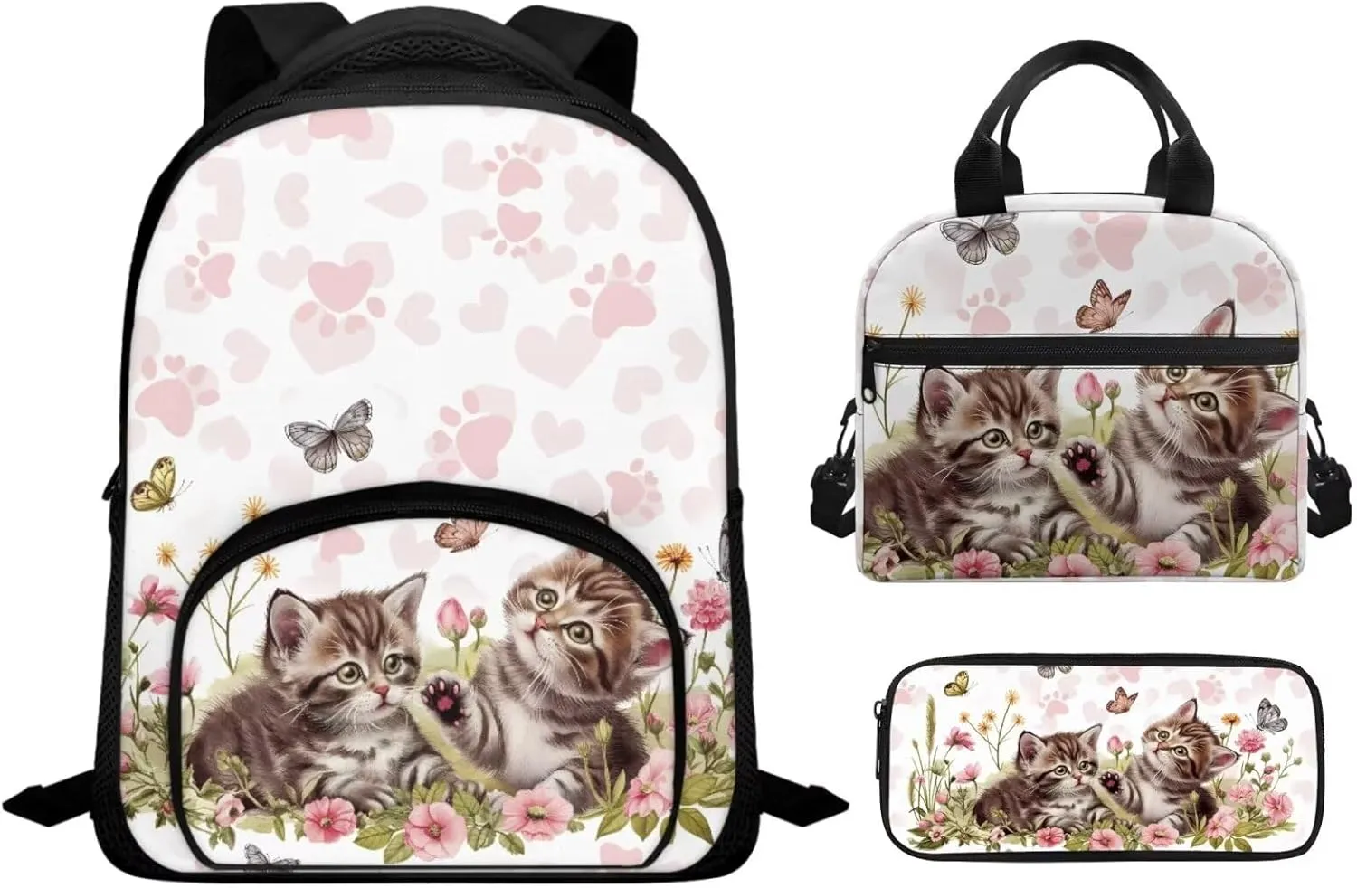Cats with Butterfly Kids Backpack for Girls for Elementary School Cute School Bookbag with Water Bottle Holders Teens Travel Runsack with Adjustable Strap Adjustable Shoulder Bag