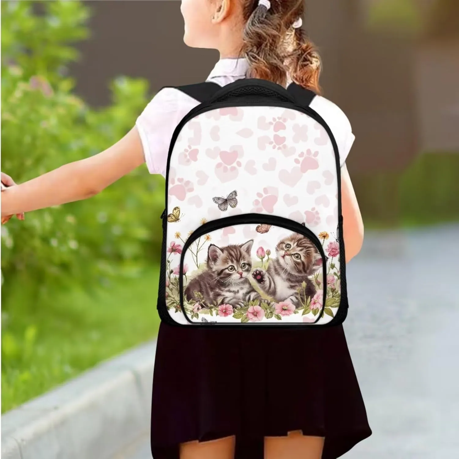 Cats with Butterfly Kids Backpack for Girls for Elementary School Cute School Bookbag with Water Bottle Holders Teens Travel Runsack with Adjustable Strap Adjustable Shoulder Bag