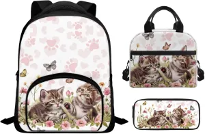 Cats with Butterfly Kids Backpack for Girls for Elementary School Cute School Bookbag with Water Bottle Holders Teens Travel Runsack with Adjustable Strap Adjustable Shoulder Bag