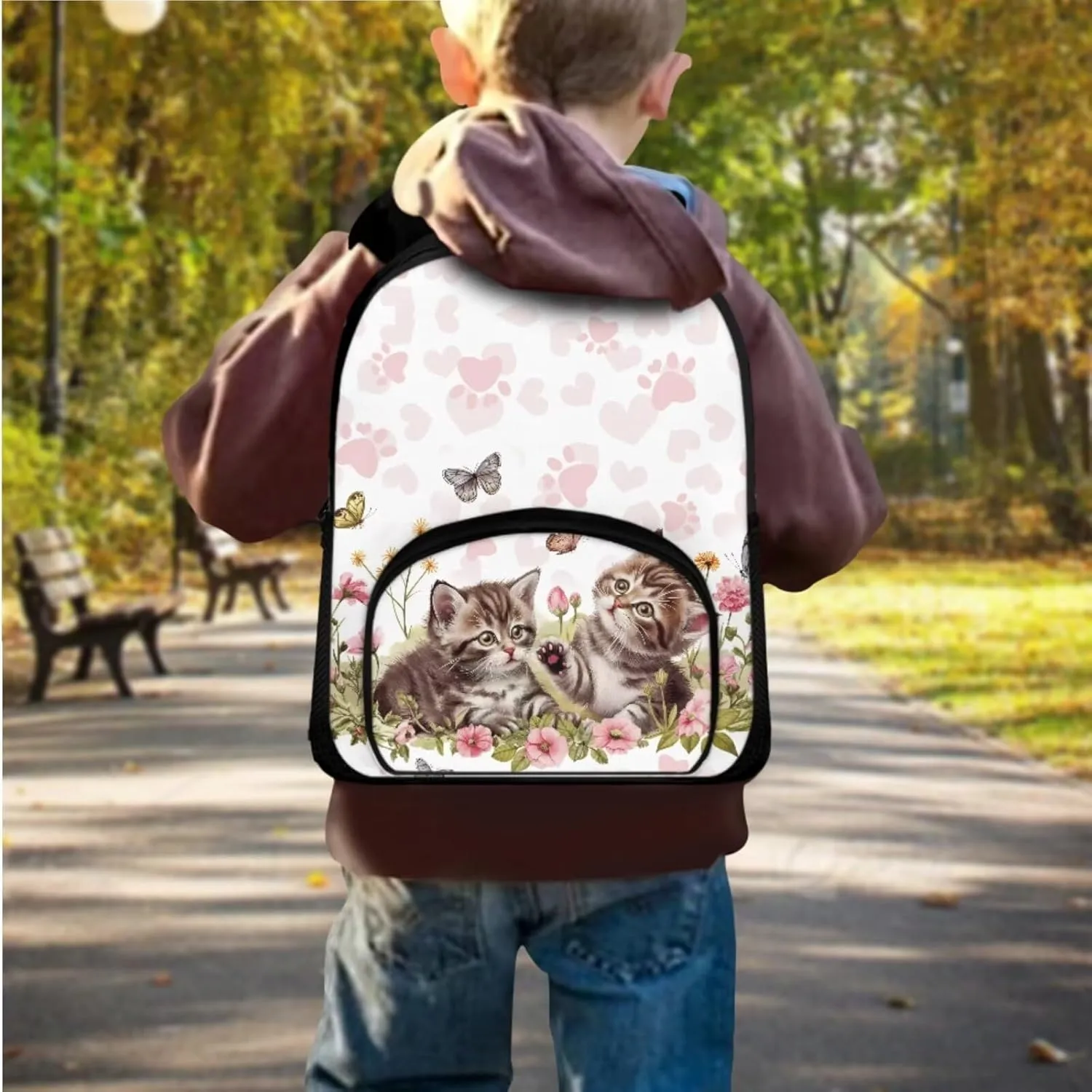 Cats with Butterfly Kids Backpack for Girls for Elementary School Cute School Bookbag with Water Bottle Holders Teens Travel Runsack with Adjustable Strap Adjustable Shoulder Bag