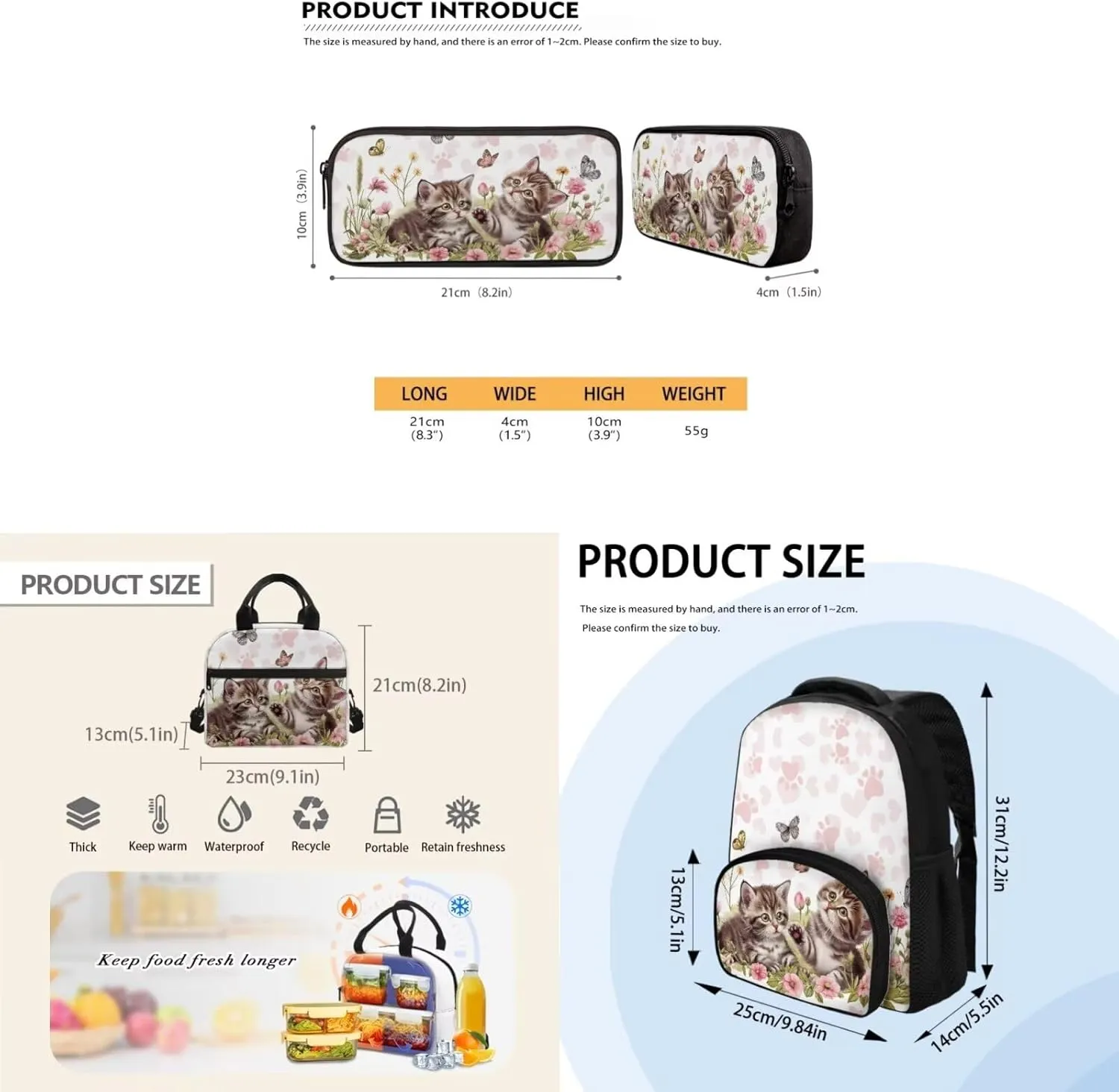 Cats with Butterfly Kids Backpack for Girls for Elementary School Cute School Bookbag with Water Bottle Holders Teens Travel Runsack with Adjustable Strap Adjustable Shoulder Bag