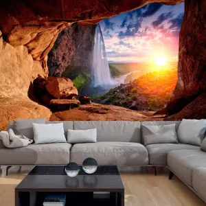 Cave Waterfall Custom Mural, Sunshine Prairie Peel and Stick Wallpaper Natural Scenery 3D Poster Photo Wallpaper Bedroom Living Room Background Wall Mural,158"Wx110"H