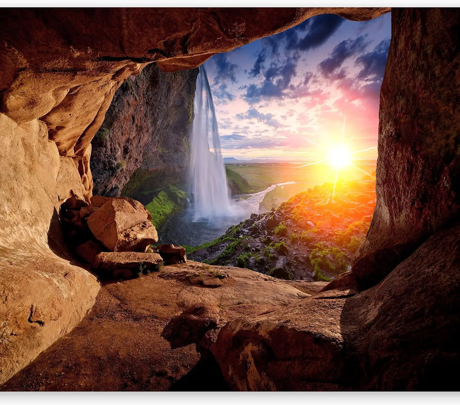 Cave Waterfall Custom Mural, Sunshine Prairie Peel and Stick Wallpaper Natural Scenery 3D Poster Photo Wallpaper Bedroom Living Room Background Wall Mural,158"Wx110"H
