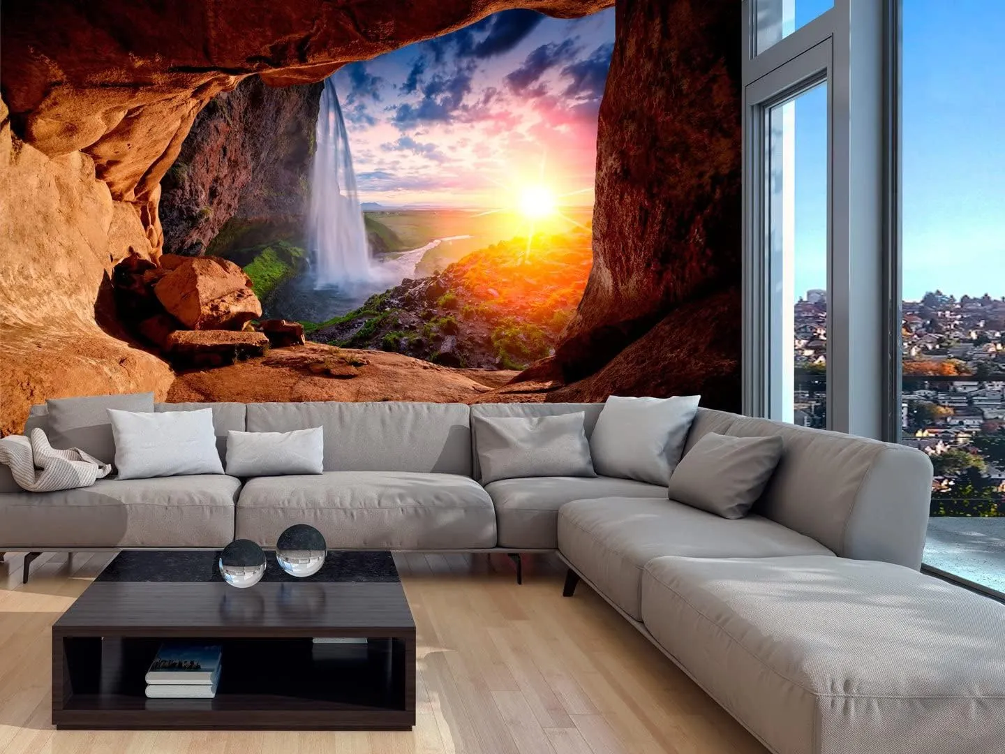 Cave Waterfall Custom Mural, Sunshine Prairie Peel and Stick Wallpaper Natural Scenery 3D Poster Photo Wallpaper Bedroom Living Room Background Wall Mural,158"Wx110"H