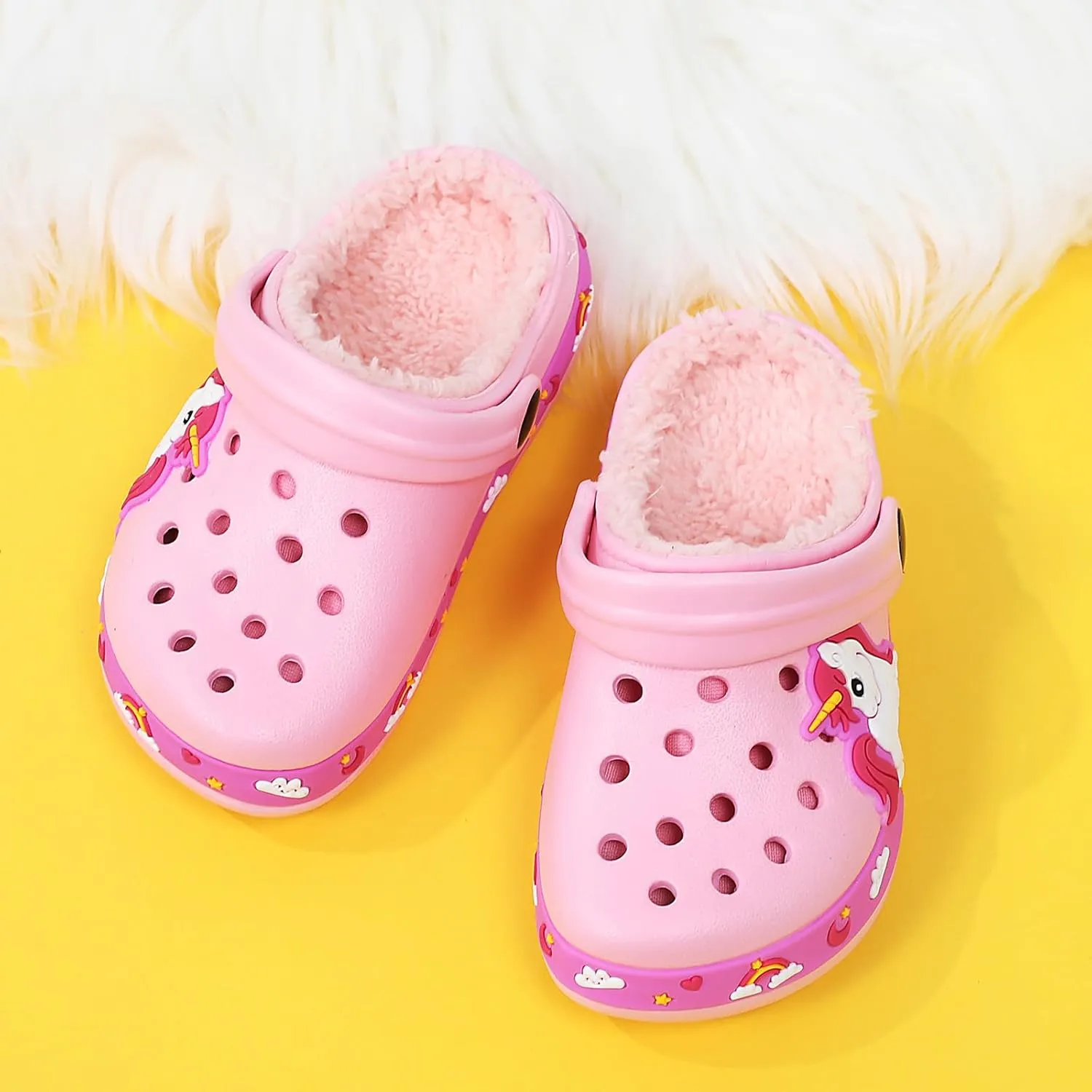 CERYTHRINA Kids Fur Lined Garden Clogs: Cartoon Sandals - Fleece Winter Warm House Slippers for Boys Girls Toddler