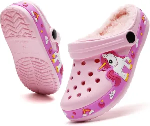 CERYTHRINA Kids Fur Lined Garden Clogs: Cartoon Sandals - Fleece Winter Warm House Slippers for Boys Girls Toddler