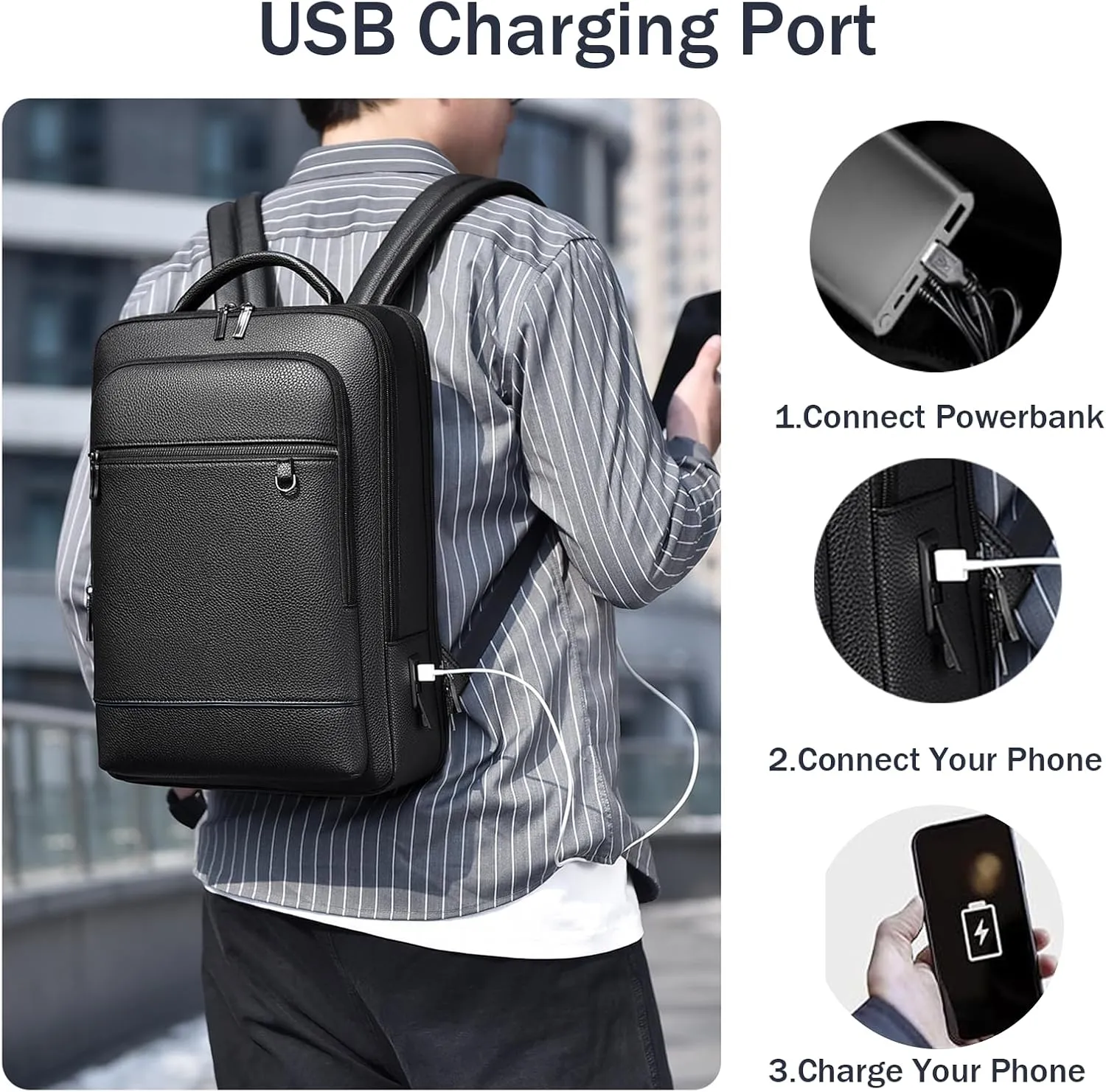 CHAO RAN Leather Laptop Backpack for Men Fit 15.6 Inch Laptop, Business Work Office College Medium Backpack with USB Charging Port, Waterproof Black Travel Bag (Black03)