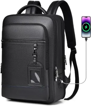 CHAO RAN Leather Laptop Backpack for Men Fit 15.6 Inch Laptop, Business Work Office College Medium Backpack with USB Charging Port, Waterproof Black Travel Bag (Black03)