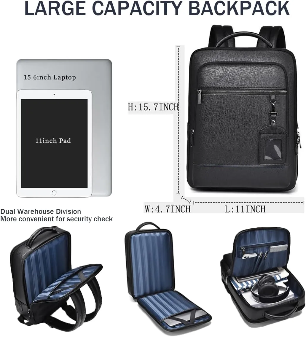 CHAO RAN Leather Laptop Backpack for Men Fit 15.6 Inch Laptop, Business Work Office College Medium Backpack with USB Charging Port, Waterproof Black Travel Bag (Black03)