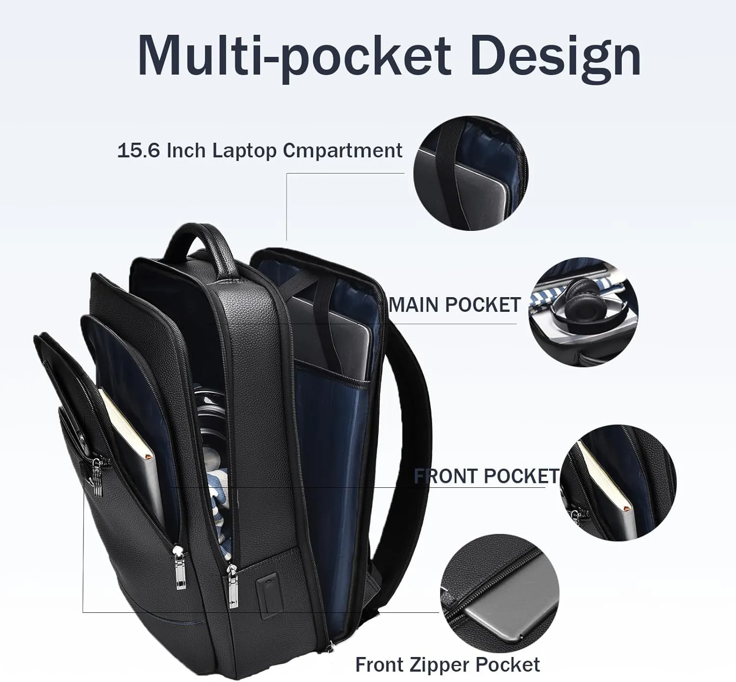CHAO RAN Leather Laptop Backpack for Men Fit 15.6 Inch Laptop, Business Work Office College Medium Backpack with USB Charging Port, Waterproof Black Travel Bag (Black03)