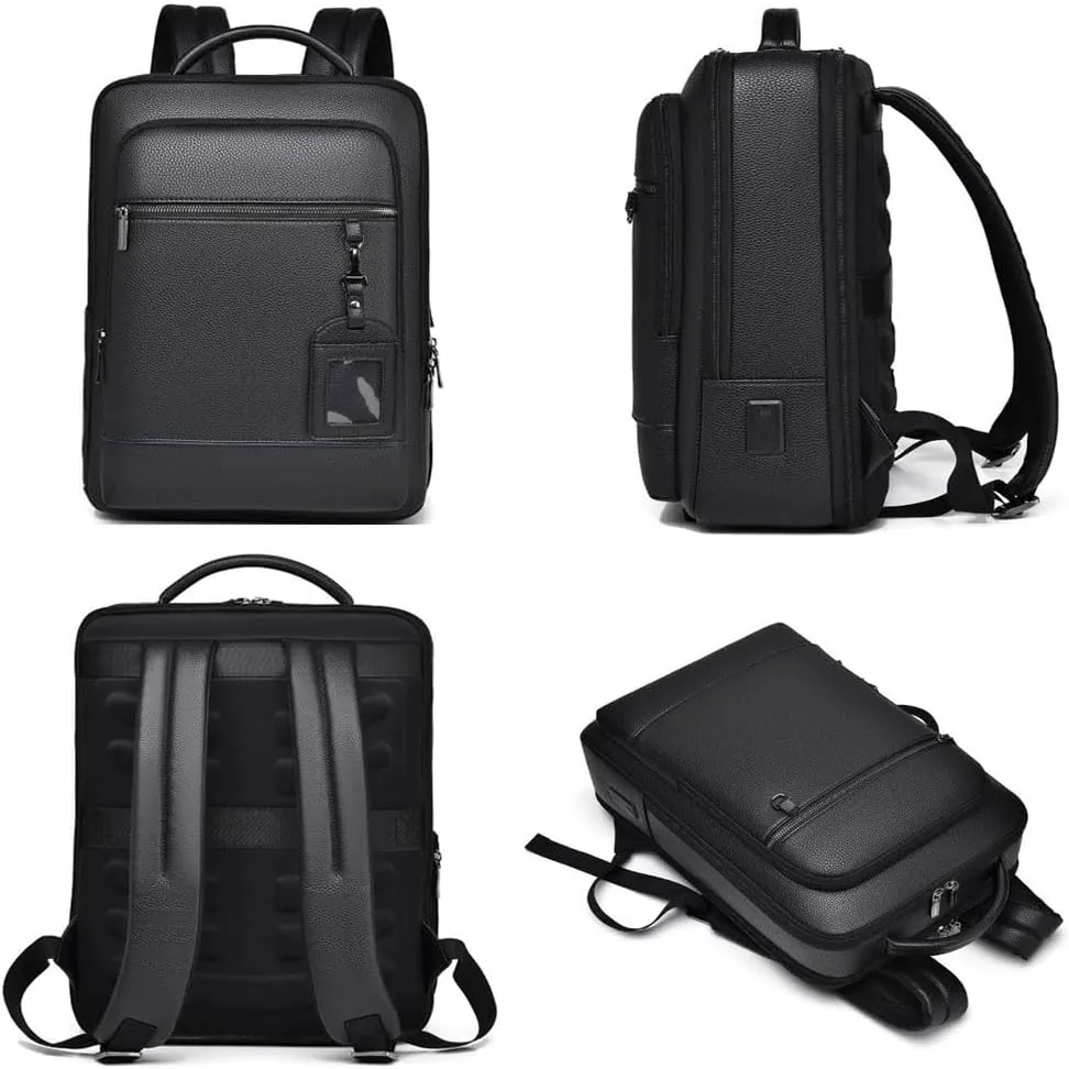 CHAO RAN Leather Laptop Backpack for Men Fit 15.6 Inch Laptop, Business Work Office College Medium Backpack with USB Charging Port, Waterproof Black Travel Bag (Black03)
