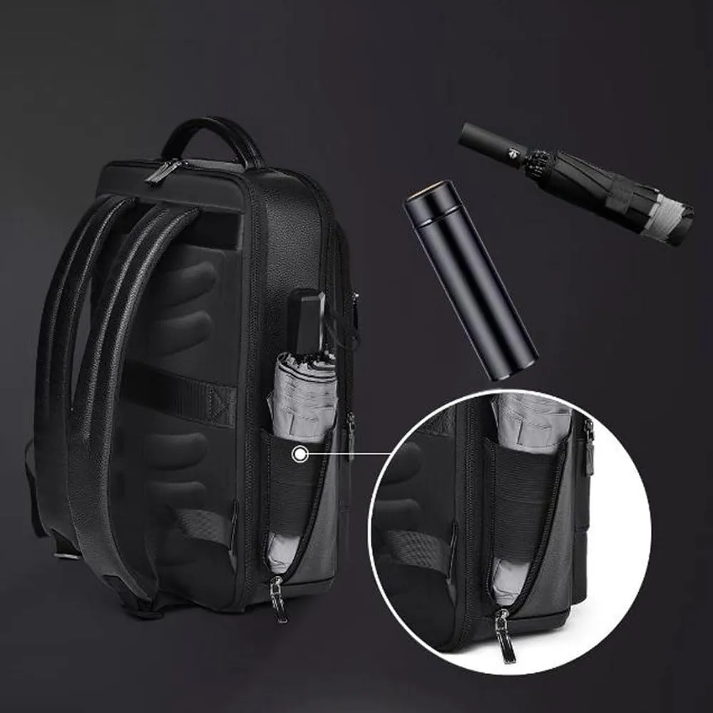 CHAO RAN Leather Laptop Backpack for Men Fit 15.6 Inch Laptop, Business Work Office College Medium Backpack with USB Charging Port, Waterproof Black Travel Bag (Black03)