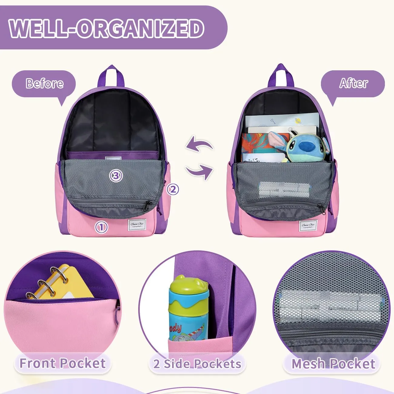 Chase Chic Kids Backpack for Girls - 17 inch School Backpacks for Toddler Fits 6 to 12 Years Old - Lightweight Water Resistant Preschool Bookbag for Travel Daycare (Purple Pink)