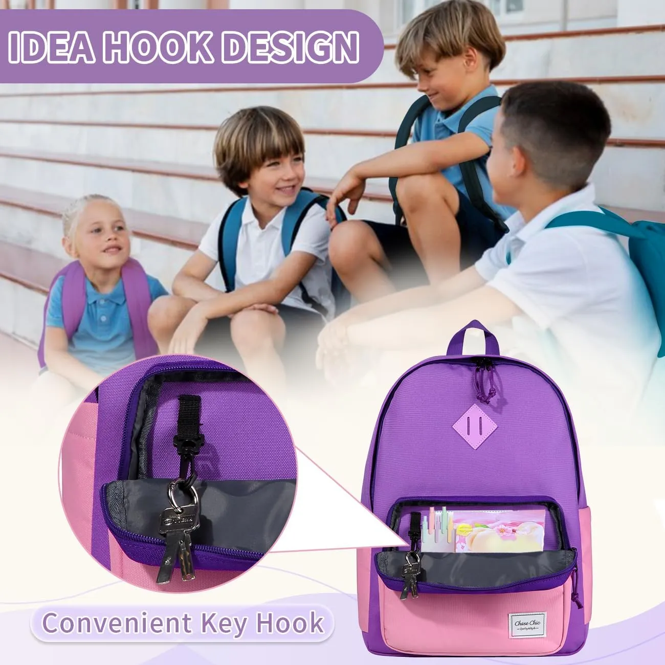 Chase Chic Kids Backpack for Girls - 17 inch School Backpacks for Toddler Fits 6 to 12 Years Old - Lightweight Water Resistant Preschool Bookbag for Travel Daycare (Purple Pink)