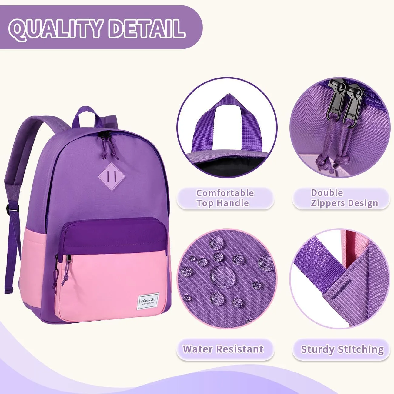 Chase Chic Kids Backpack for Girls - 17 inch School Backpacks for Toddler Fits 6 to 12 Years Old - Lightweight Water Resistant Preschool Bookbag for Travel Daycare (Purple Pink)