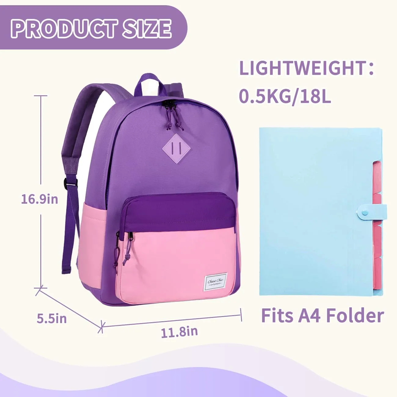 Chase Chic Kids Backpack for Girls - 17 inch School Backpacks for Toddler Fits 6 to 12 Years Old - Lightweight Water Resistant Preschool Bookbag for Travel Daycare (Purple Pink)