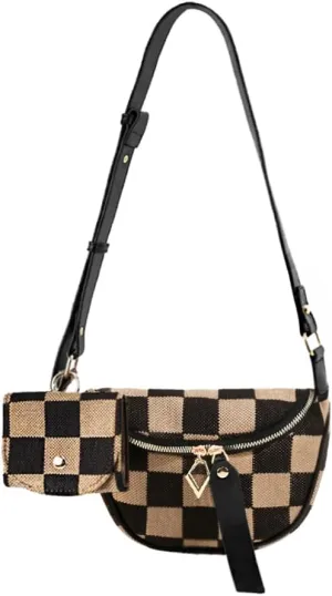 Checkered Crossbody Bag for Women Sling Shoulder purse Waist bag Plaid Pattern Fanny Pack with Headphone Bag (Black Strap)