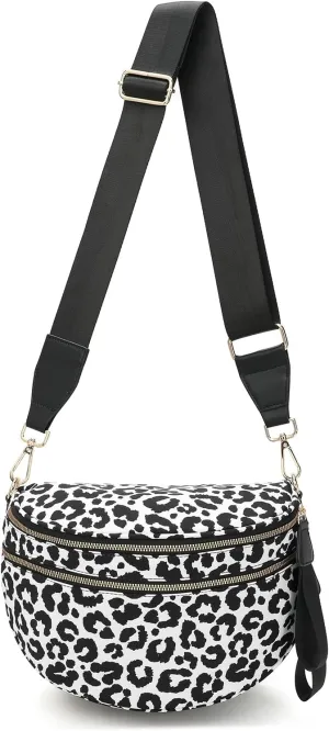 Checkered Crossbody Bag for Women Solid-color Shell Fashionable Sports Checkered Waist and Single-shoulder Purse Bag (Black white leopard print)