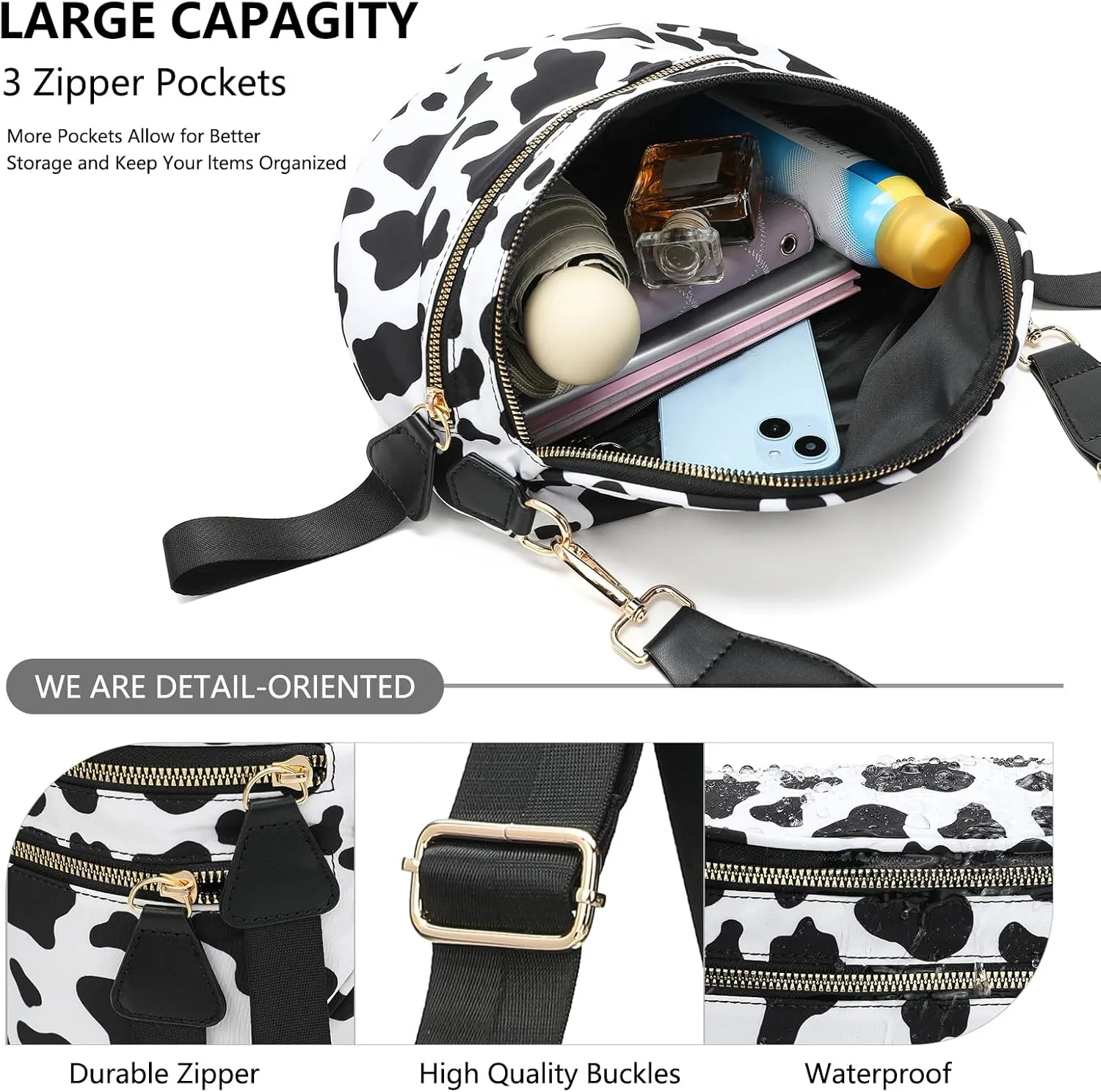 Checkered Crossbody Bag for Women Solid-color Shell Fashionable Sports Checkered Waist and Single-shoulder Purse Bag (Black white leopard print)
