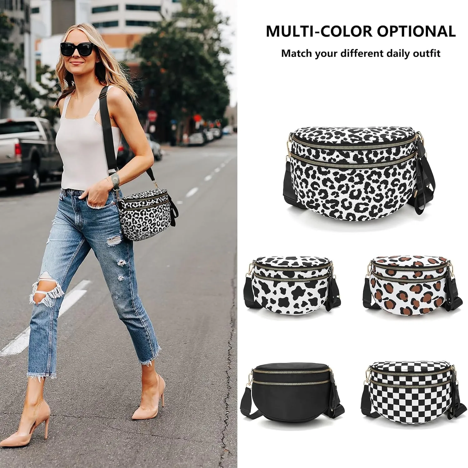 Checkered Crossbody Bag for Women Solid-color Shell Fashionable Sports Checkered Waist and Single-shoulder Purse Bag (Black white leopard print)