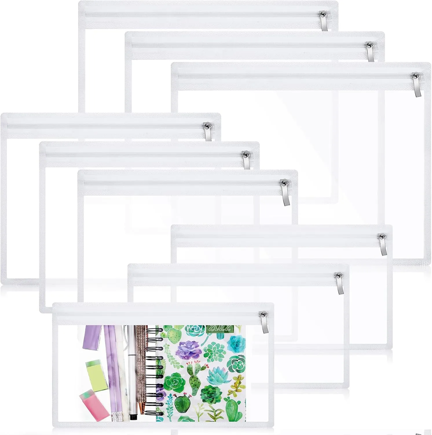 CHENGU 9 Pack Clear Zipper Pouches Multipurpose PVC Waterproof Pouch Clear Travel Bags for Cosmetic Wallet Pencil Organize(White Side)