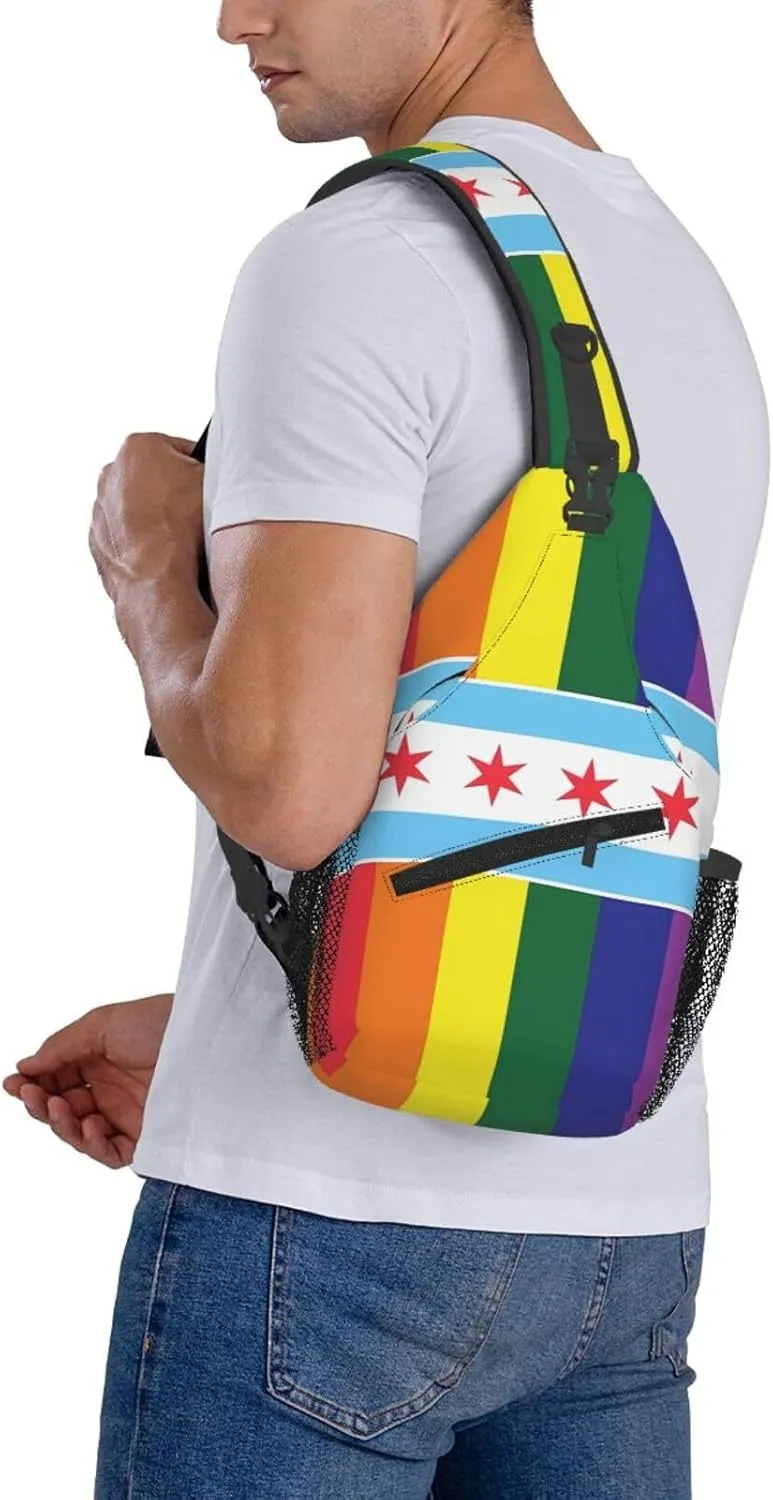 Chicago LGBT Pride Gay Rainbow Flag Crossbody Bags Sling Backpack Cross Chest Bag Sports Shoulder Bag Gym Fanny Pack Adjustable Cycling Daypack Diagonally Rucksack for Running