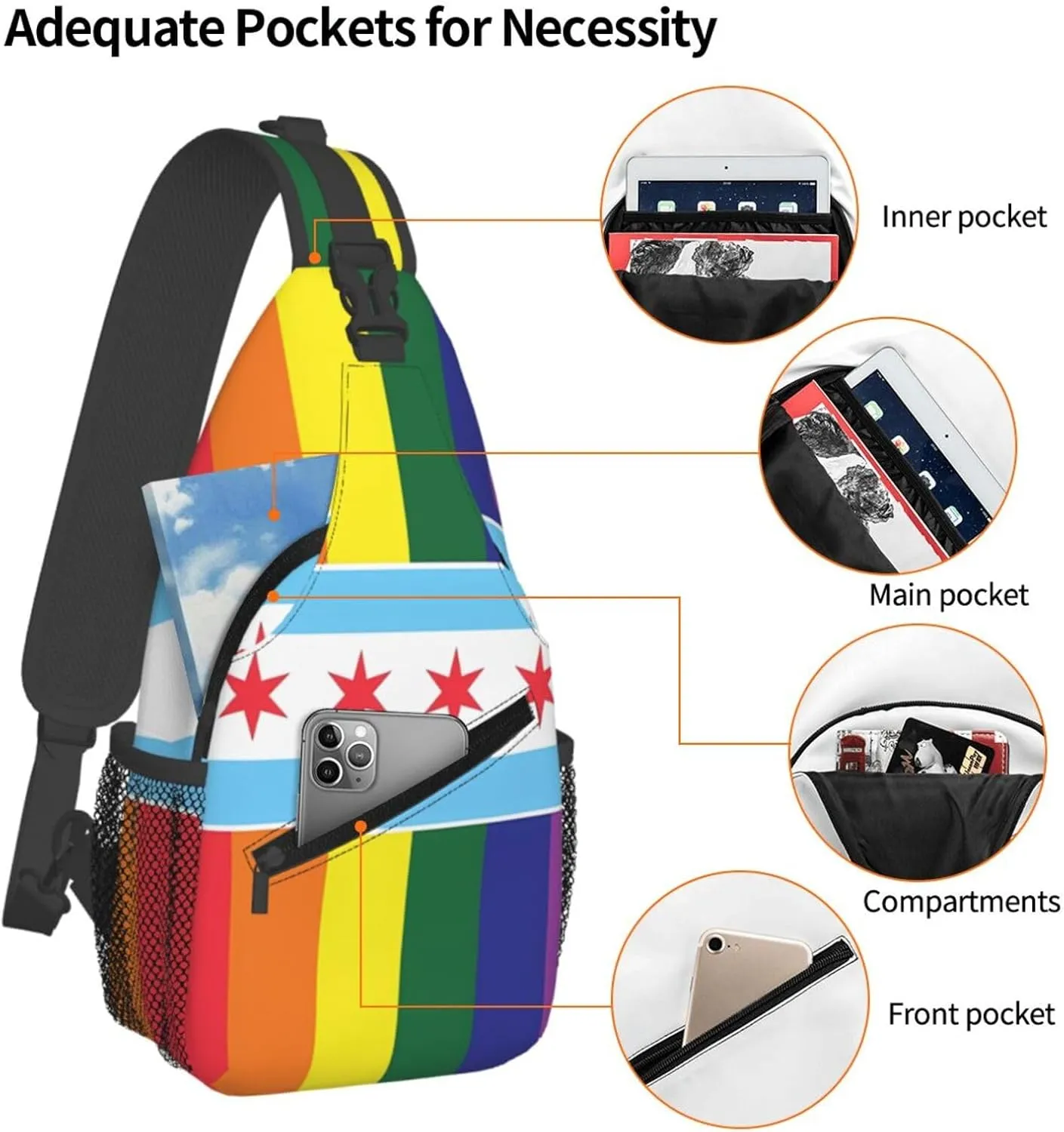 Chicago LGBT Pride Gay Rainbow Flag Crossbody Bags Sling Backpack Cross Chest Bag Sports Shoulder Bag Gym Fanny Pack Adjustable Cycling Daypack Diagonally Rucksack for Running