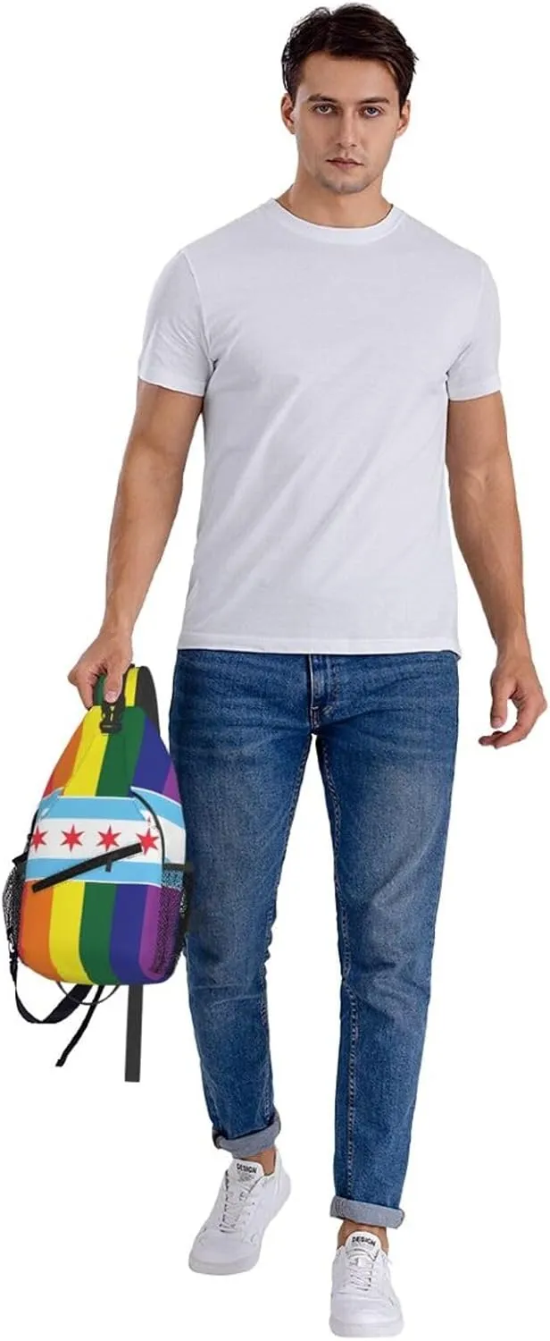 Chicago LGBT Pride Gay Rainbow Flag Crossbody Bags Sling Backpack Cross Chest Bag Sports Shoulder Bag Gym Fanny Pack Adjustable Cycling Daypack Diagonally Rucksack for Running