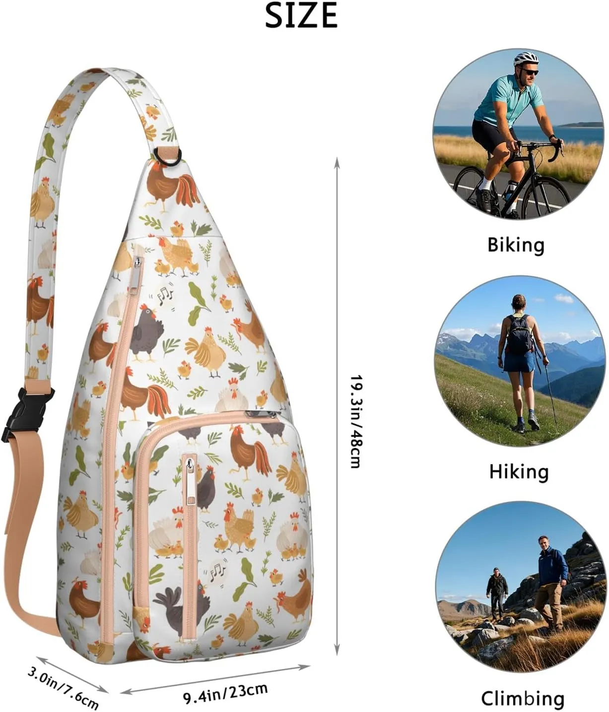 Chickens Retro Farm Crossbody Bag Daypack for Women Men Lightweight Waterproof Sling Bag Backpack Hiking Cycling