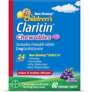 Children's Claritin Chewables 24 Hour Allergy Relief, Non Drowsy Kids Allergy Medicine, Grape Antihistamine Chewable Tablets, 60 Count