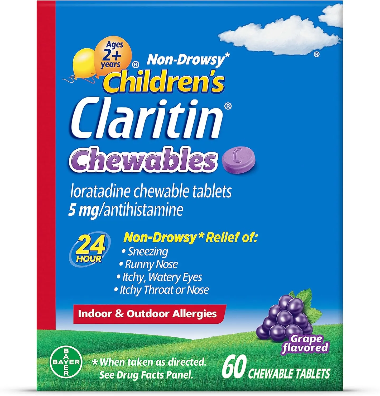 Children's Claritin Chewables 24 Hour Allergy Relief, Non Drowsy Kids Allergy Medicine, Grape Antihistamine Chewable Tablets, 60 Count