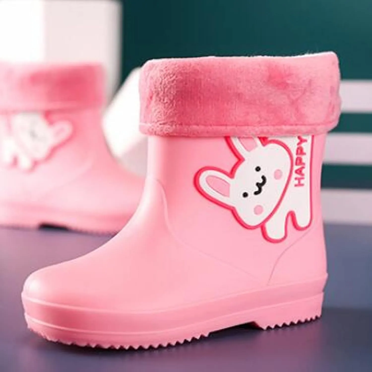 Children's Rain Shoes Pink Rabbit Cartoon Character Rain Shoes Boys and Girls Water Shoes Rhinestone Baby Girl Shoes (Pink, 7.5 Toddler)