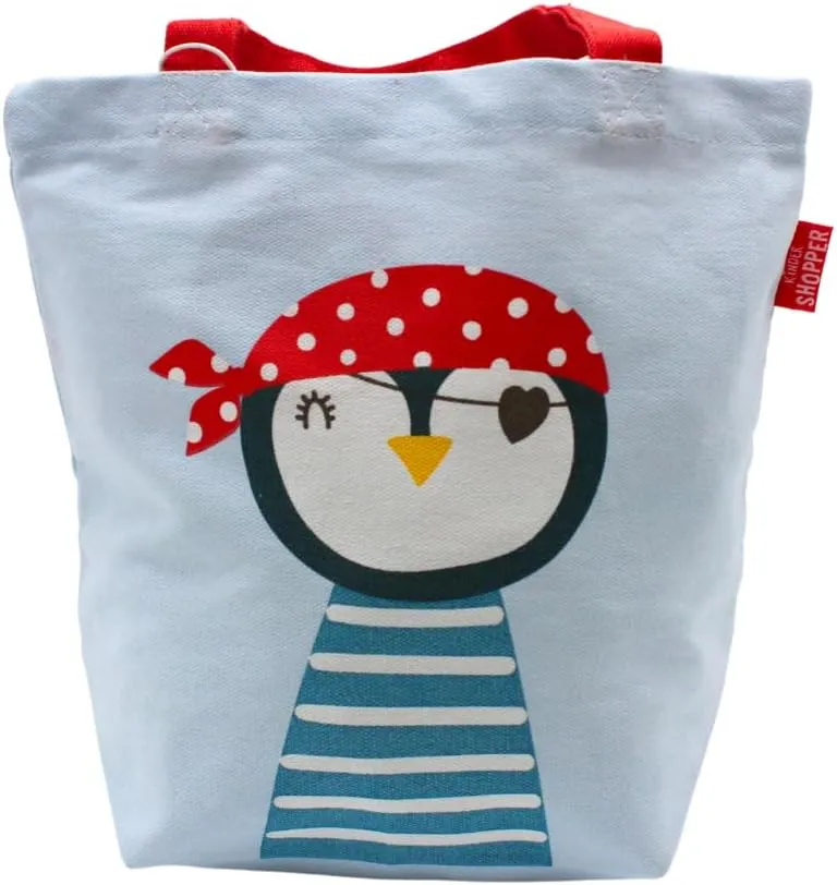Children's Shopper/Children's Handbag/Mini Shopper with Handle, Motif: Penguin with Pirate Treasure, 100% Cotton, Size: H/W Approx. 21 x 24, 21 cm