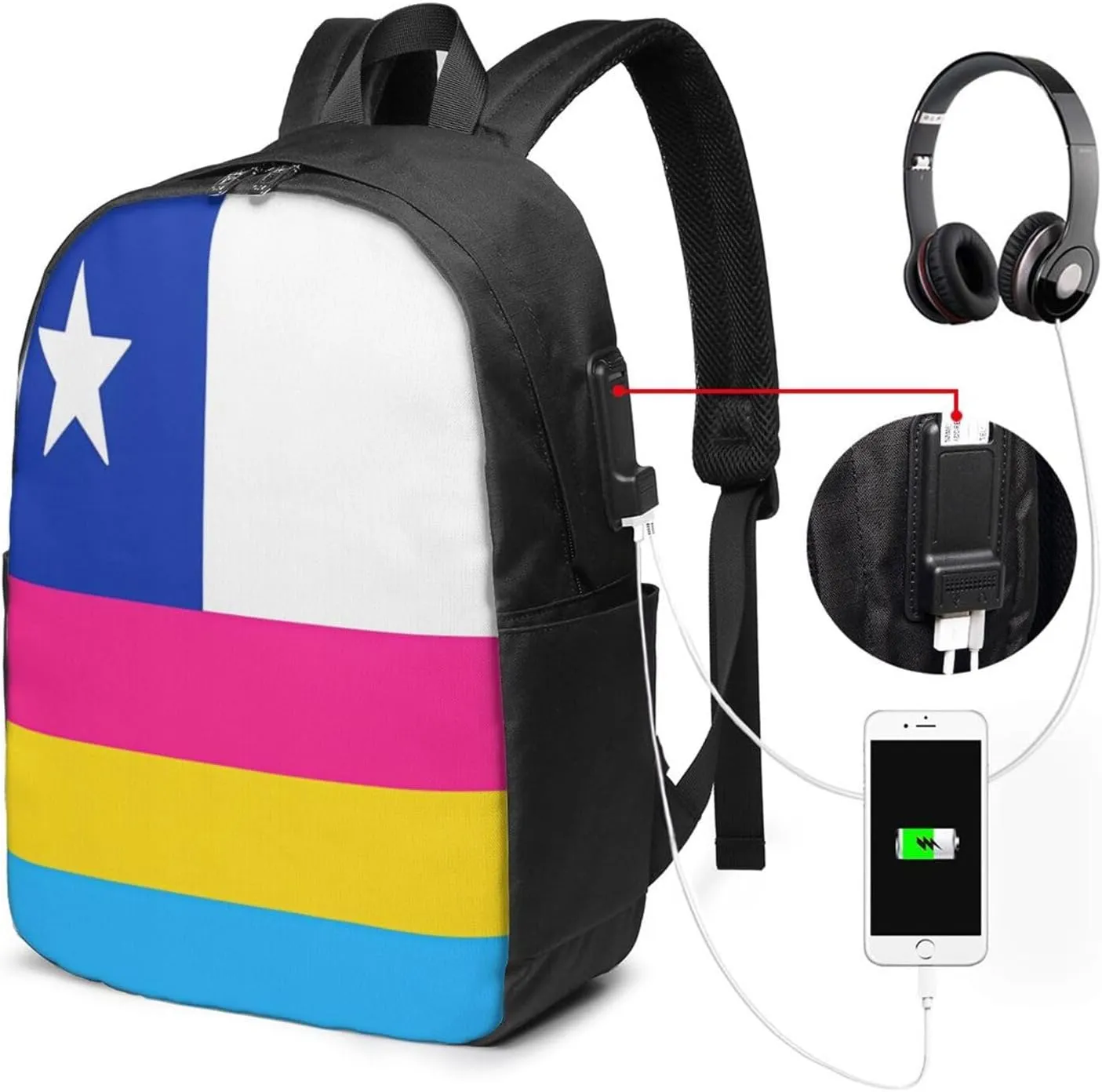 Chile Chilean LGBT Pride Gay Rainbow Trans Flag Laptop Backpacks Travel Backpack Casual Business Daypack Sport Rucksack Computer Bag Fits up to 17 Inch Notebook with USB Port