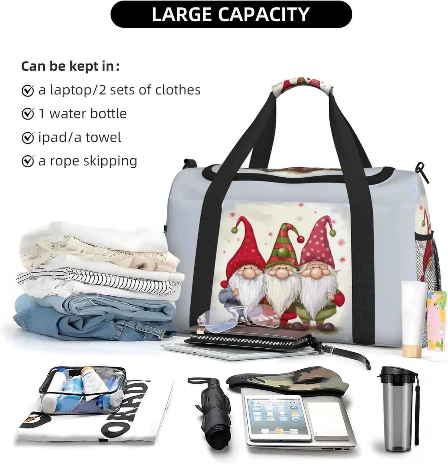 Christmas Gnomes Big Capacity Sports Gym Bag Portable Travel Duffle Bag, Snow Winter Lightweight Weekender Workout Bag for Overnight, Unisex