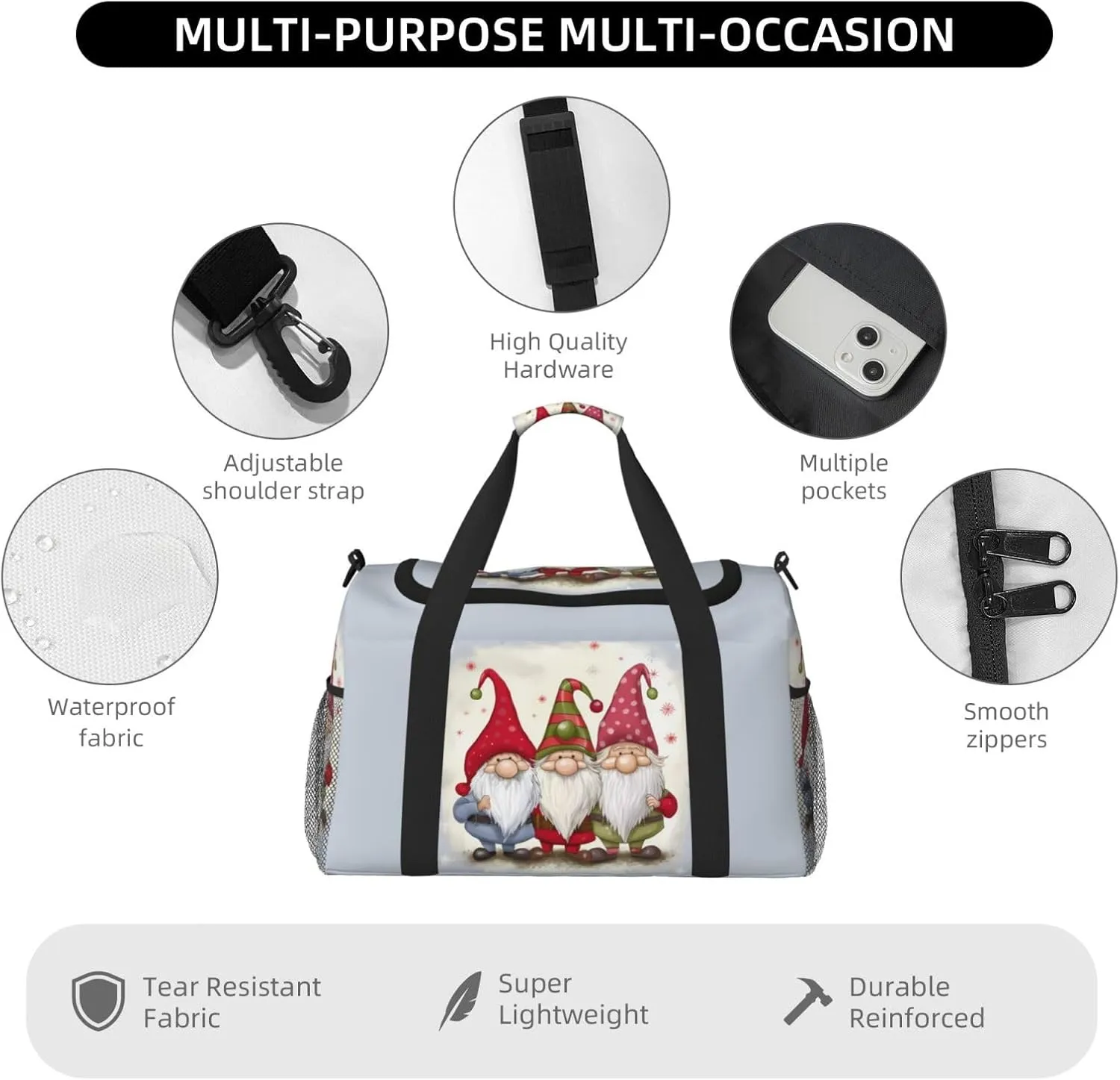 Christmas Gnomes Big Capacity Sports Gym Bag Portable Travel Duffle Bag, Snow Winter Lightweight Weekender Workout Bag for Overnight, Unisex