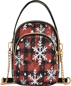 Christmas Plaid Snowflake Small Crossbody Bag Functional Multi Pocket Bag Shoulder Handbag