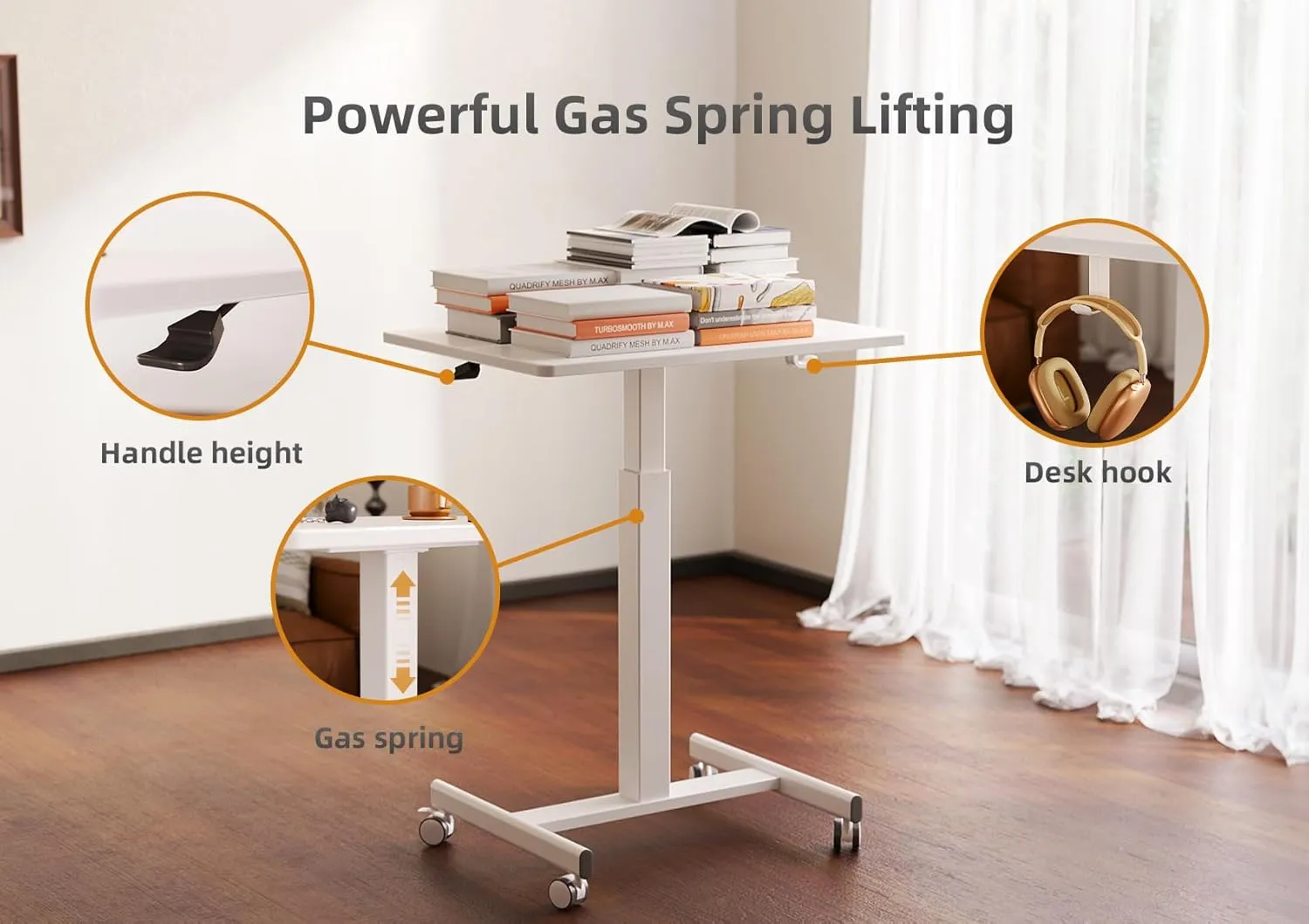 Claiks Mobile Standing Desk, Small Rolling Standing Desk with Wheels, Pneumatic Mobile Adjustable Desk Workstation for Home Office with Hook, White