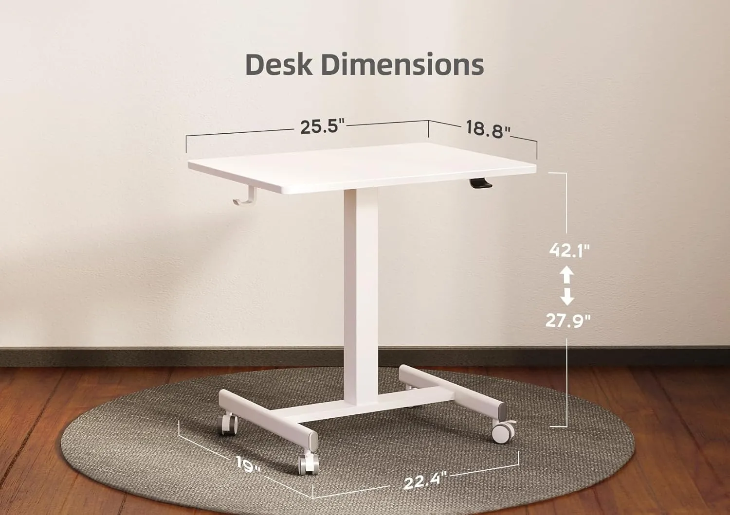 Claiks Mobile Standing Desk, Small Rolling Standing Desk with Wheels, Pneumatic Mobile Adjustable Desk Workstation for Home Office with Hook, White